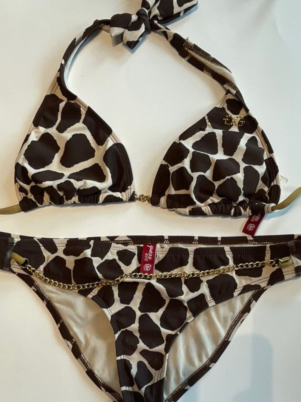 GUESS Luxury Giraffe Animal Print Bikini Set with Gold Chain Details